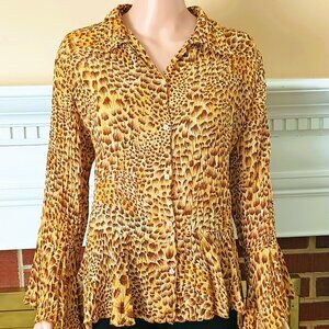 Milano Handkerchief Animal Print Blouse L Tan Brown Button Up Crepe Peplum Top